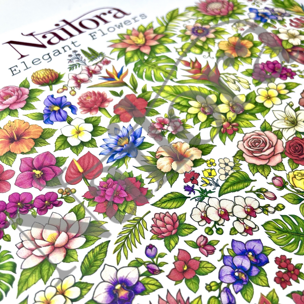 A sheet of nail art designs featuring a dense, colorful pattern of various flowers and green leaves. The brand name 'Nailora' is printed at the top left.