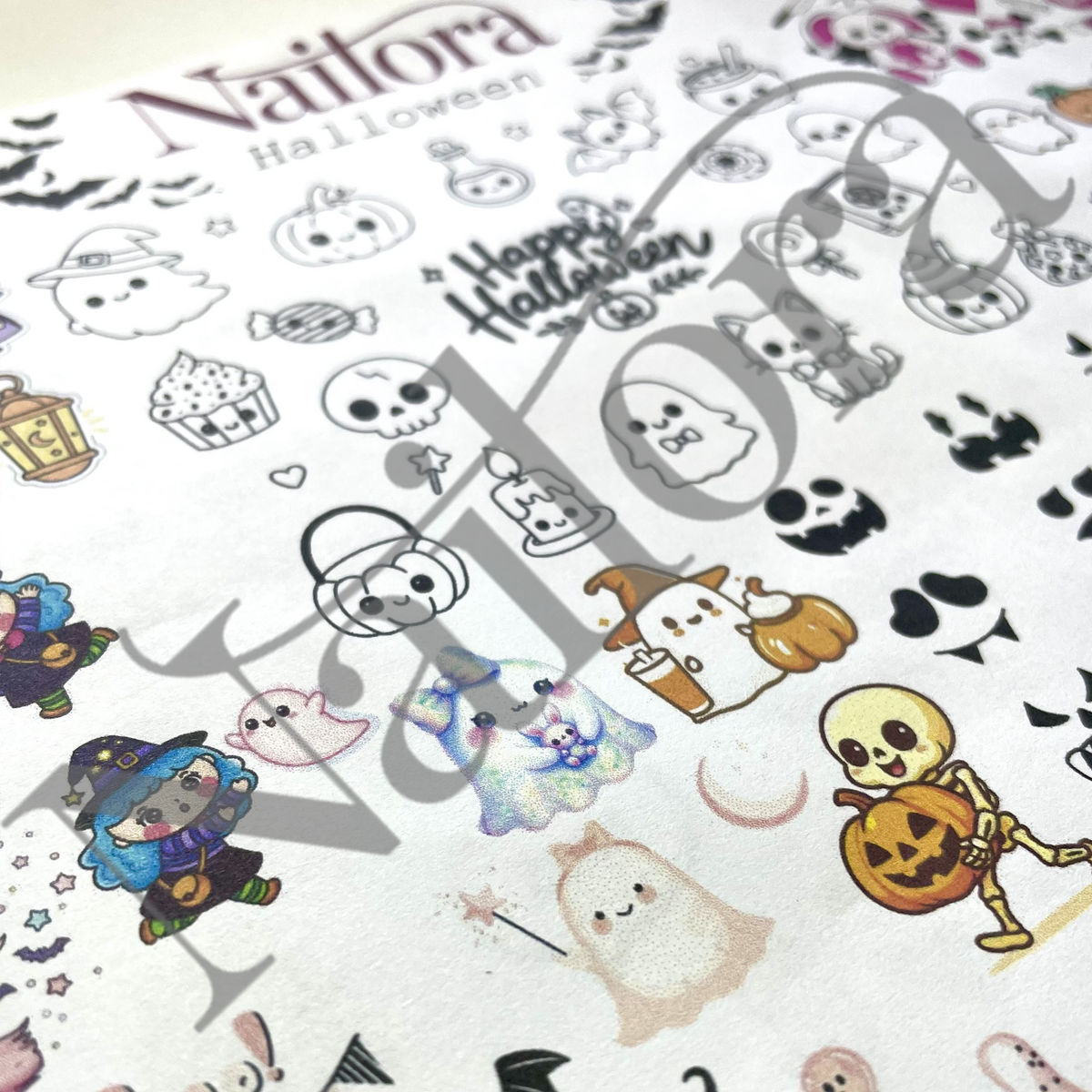 A close-up of a nail art sticker making
sheet featuring various cute Halloween-themed illustrations, including ghosts, pumpkins, skeletons, and a wizard character. The sheet has a white background with black outlines and colorful accents, and a large translucent 'Nailora' watermark is overlaid across the image.