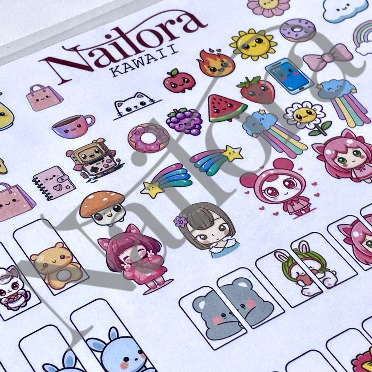 A close-up of Nailora kawaii nail art tracing sheets