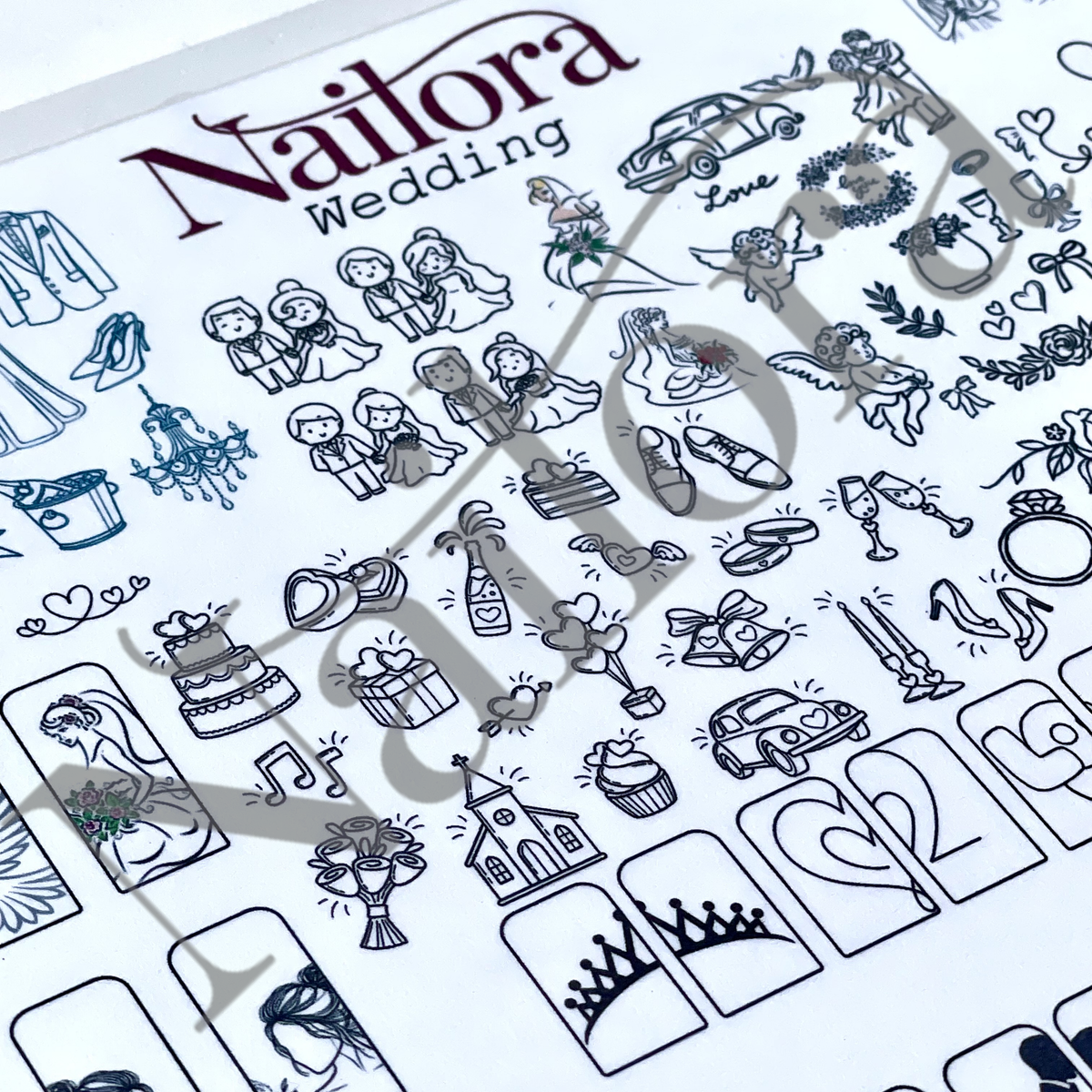 A close-up of a Nailora Wedding-themed traceable nail art sheet featuring various black line-art illustrations of wedding motifs such as bride and groom, wedding dress, tiara, ring, cake, bouquet, and church, with a large translucent Nailora watermark across the surface.