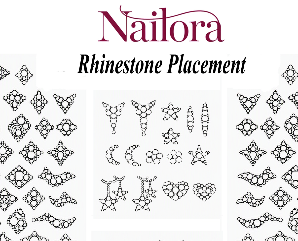Nailora Rhinestone Placement sheet showing multiple black rhinestone outlines and decorative motif designs arranged in columns on a white background, with the Nailora brand name at the top.