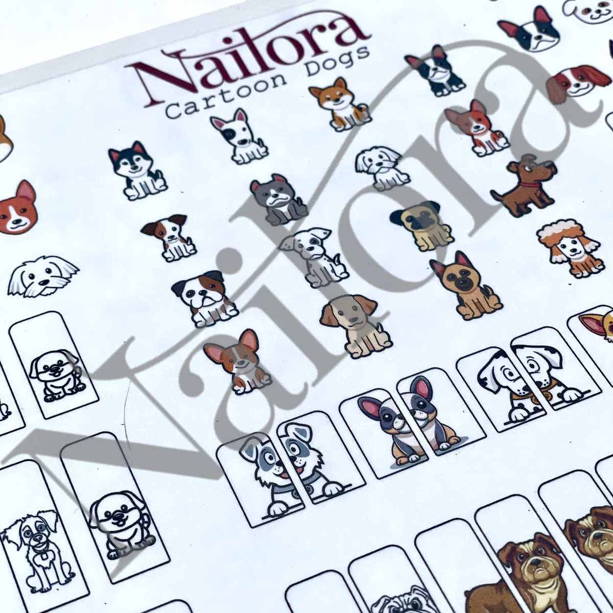 A traceable nail art sticker sheet featuring various cartoon dog illustrations in different colors and breeds, with the brand name 'Nailora' printed at the top. The sheet includes both full-color and black-and-white outlined designs, overlaid with a large semi-transparent watermark.
