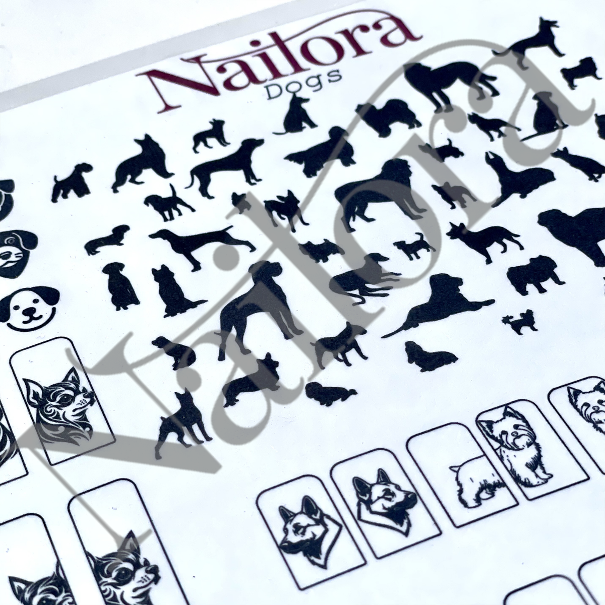 A close-up of a Nailora Dogs traceable nail art sheet featuring black dog silhouette cutouts and several dog face stencil templates on a white background, with a large translucent Nailora watermark across the image.