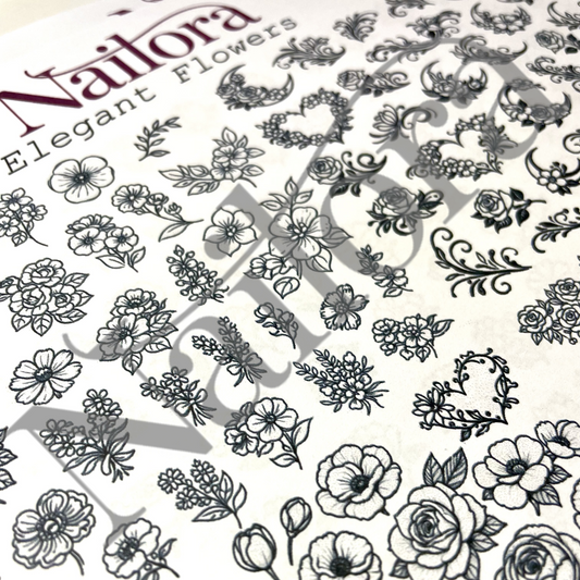 Nailora Elegant Flowers nail art sheet featuring black line-art illustrations of various flowers, leaves, and decorative floral motifs on a white background.