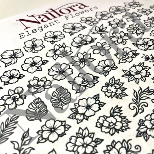 A close-up of a nail art decal tracing sheet featuring black line-art illustrations of elegant flowers and leaves, with the brand name 'Nailora' and text 'Elegant Flowers' visible at the top.