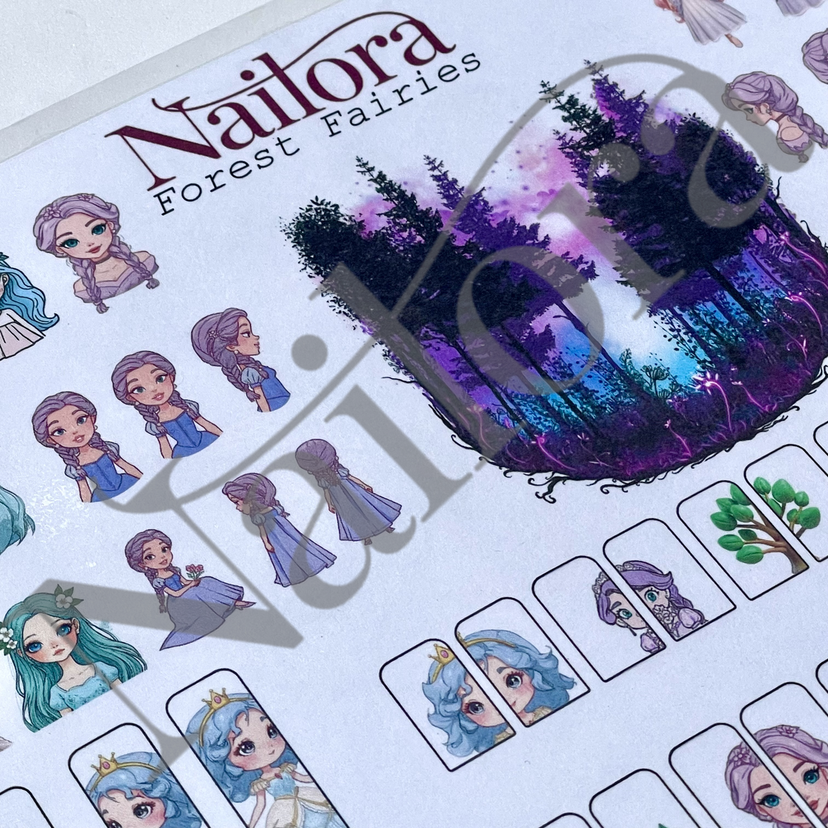 A close-up of a Nailora Forest Fairies diy traceable 
 decal/sticker sheet featuring various illustrated fairy characters, small portrait frames, and a large central forest scene with purple, blue, and black tones. A large translucent Nailora watermark overlays the sheet.
