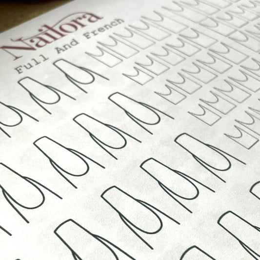 A close-up of a nail art practice sheet from Nailora, featuring black outlines of 'Full And French' nail shapes on a white background.