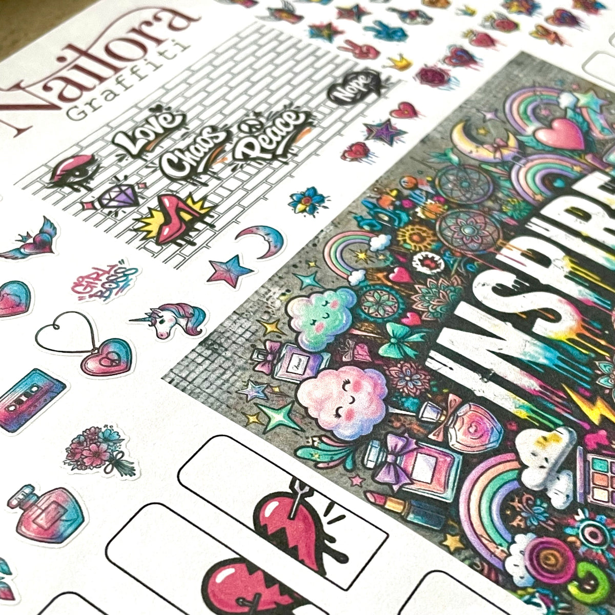 A close-up of a DIY decal stickersheet featuring colorful retro-themed graphics, including the words 'Love', 'Chase', 'Peace', and 'Nope' in comic-style lettering, alongside stars, hearts, rainbows, cassette tapes, perfume bottles, and a large 'INSPIRE' graphic on a white background.