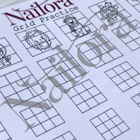 A close-up of a printed nail practice grid sheet with the brand name Nailora at the top and black line-art grid boxes on white paper. A large translucent Nailora watermark overlays the page.