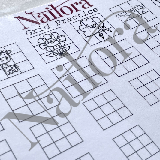 A close-up of a Nailora Grid Practice sheet, showing black-and-white grid exercises with simple line drawings of a flower, cloud, butterfly, and animal. A large translucent Nailora watermark overlays the page.