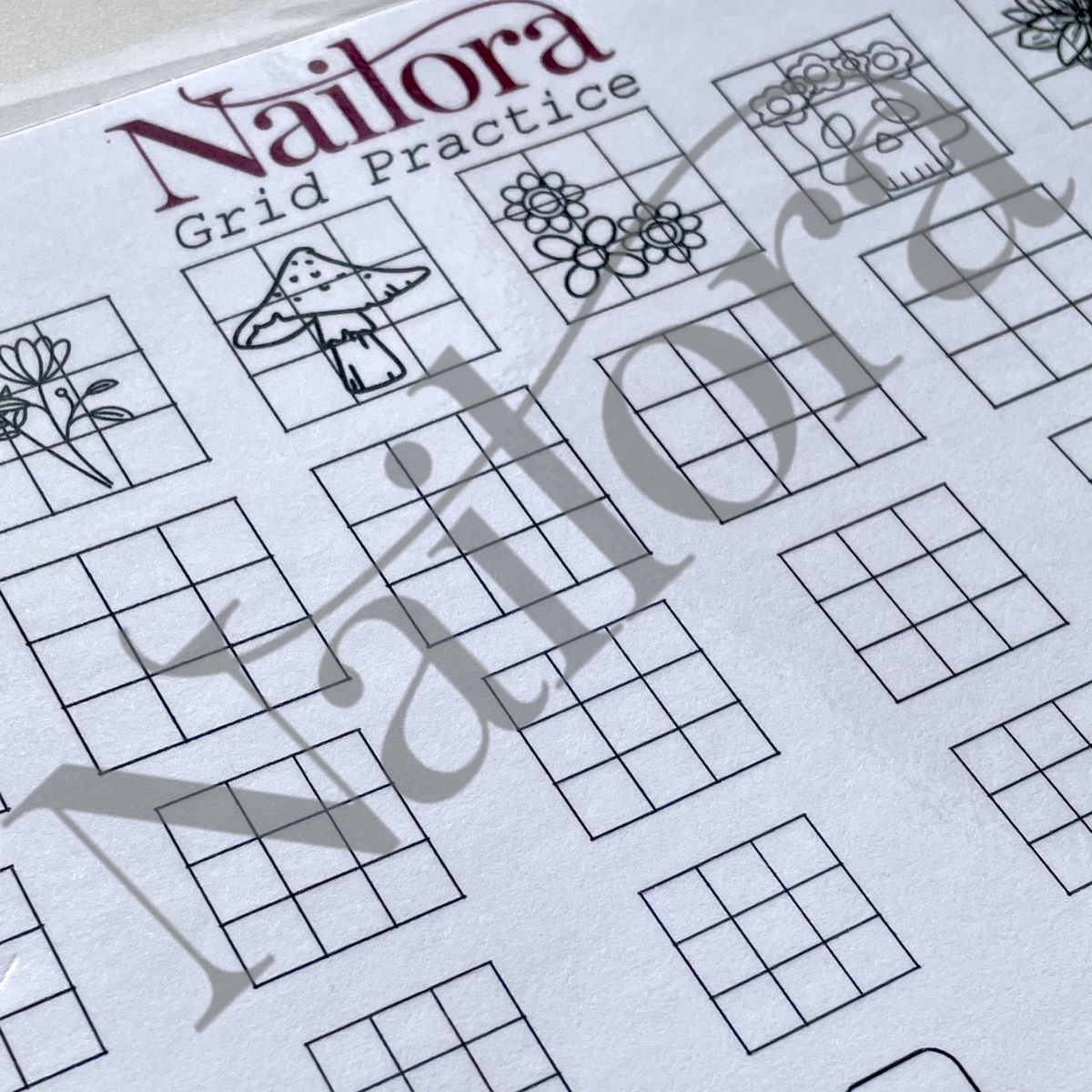 A close-up of a Nailora Grid Practice sheet featuring black-and-white grid exercises with floral and wing-like line drawings, overlaid with a large translucent Nailora watermark.