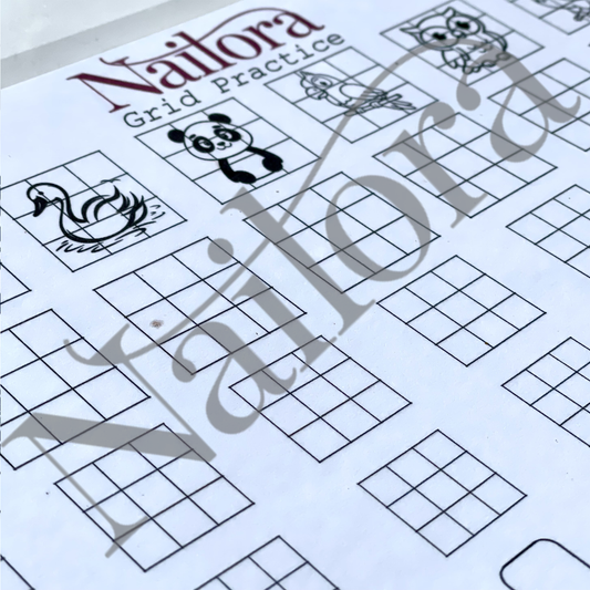 A close-up of a printed Nailora Grid Practice sheet with black grid boxes and animal illustrations, including a swan, panda, and owl, on a white background. digital download
