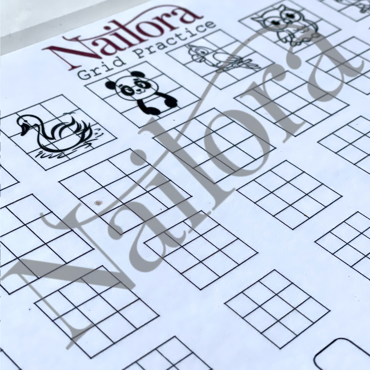 A close-up of a printed Nailora Grid Practice sheet with black grid boxes and animal illustrations, including a swan, panda, and owl, on a white background.