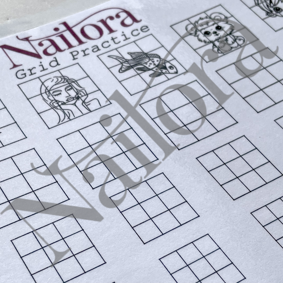 A close-up of a Nailora nail art  Grid Practice sheet, showing black grid boxes and small line-art illustrations on white paper, with a large translucent Nailora watermark across the page. digital download