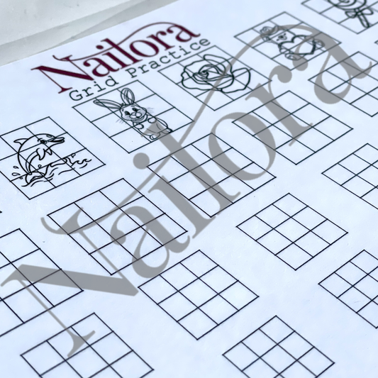 A close-up of a printed Nailora grid practice sheet with black line-art motifs such as a rabbit, fish, and flower over a white background, with a large translucent Nailora watermark across the page. digital download