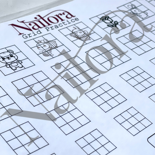 A close-up of a Nailora Grid Practice worksheet page featuring black-and-white grid exercises with simple line drawings, overlaid with a large translucent Nailora watermark.