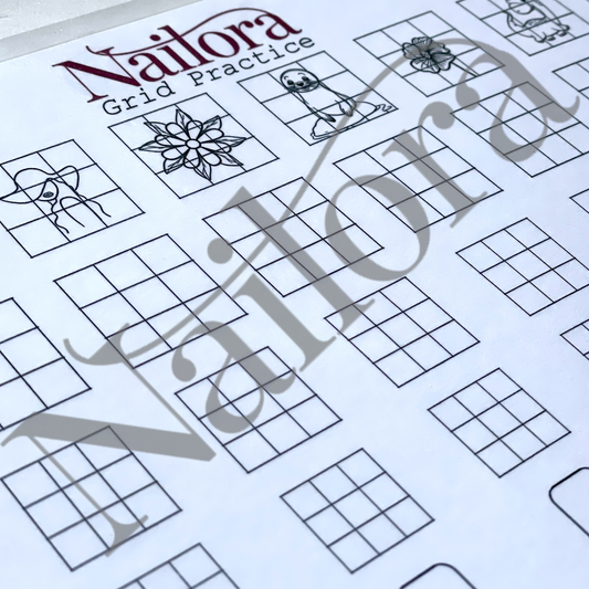 A close-up of a Nailora Grid Practice sheet, showing black grid patterns and small floral line drawings on a white background, with a large translucent Nailora watermark across the page.