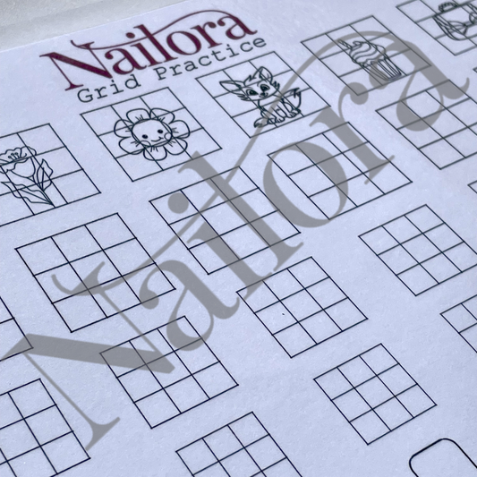 A close-up of a Nailora Grid Practice sheet featuring black line-art pattern grids, including a rose, flower, cat, and cupcake, with a large translucent Nailora watermark across the page.