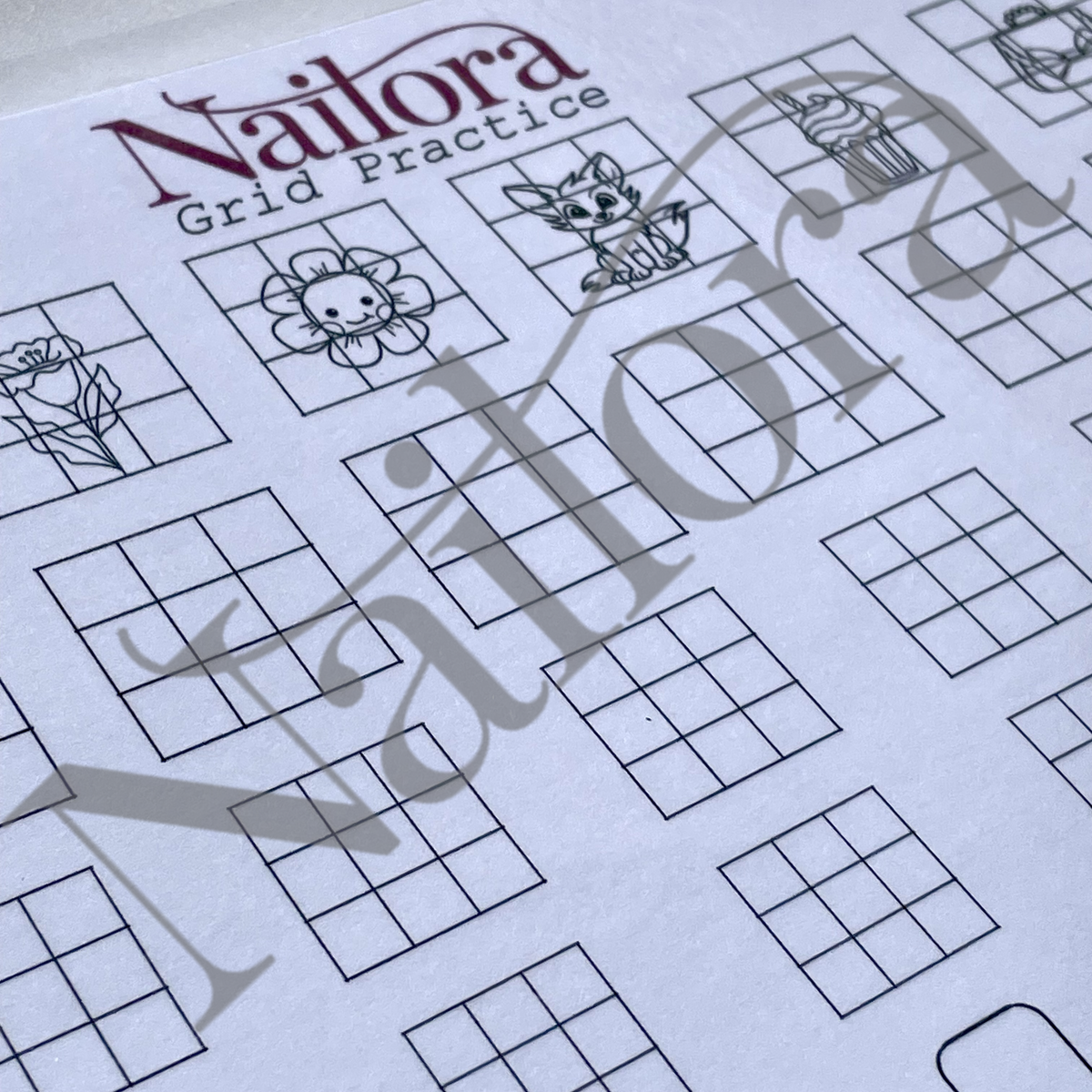 A close-up of a Nailora Grid Practice sheet featuring black line-art embroidery or cross-stitch pattern grids, including a rose, flower, cat, and cupcake, with a large translucent Nailora watermark across the page. digital download
