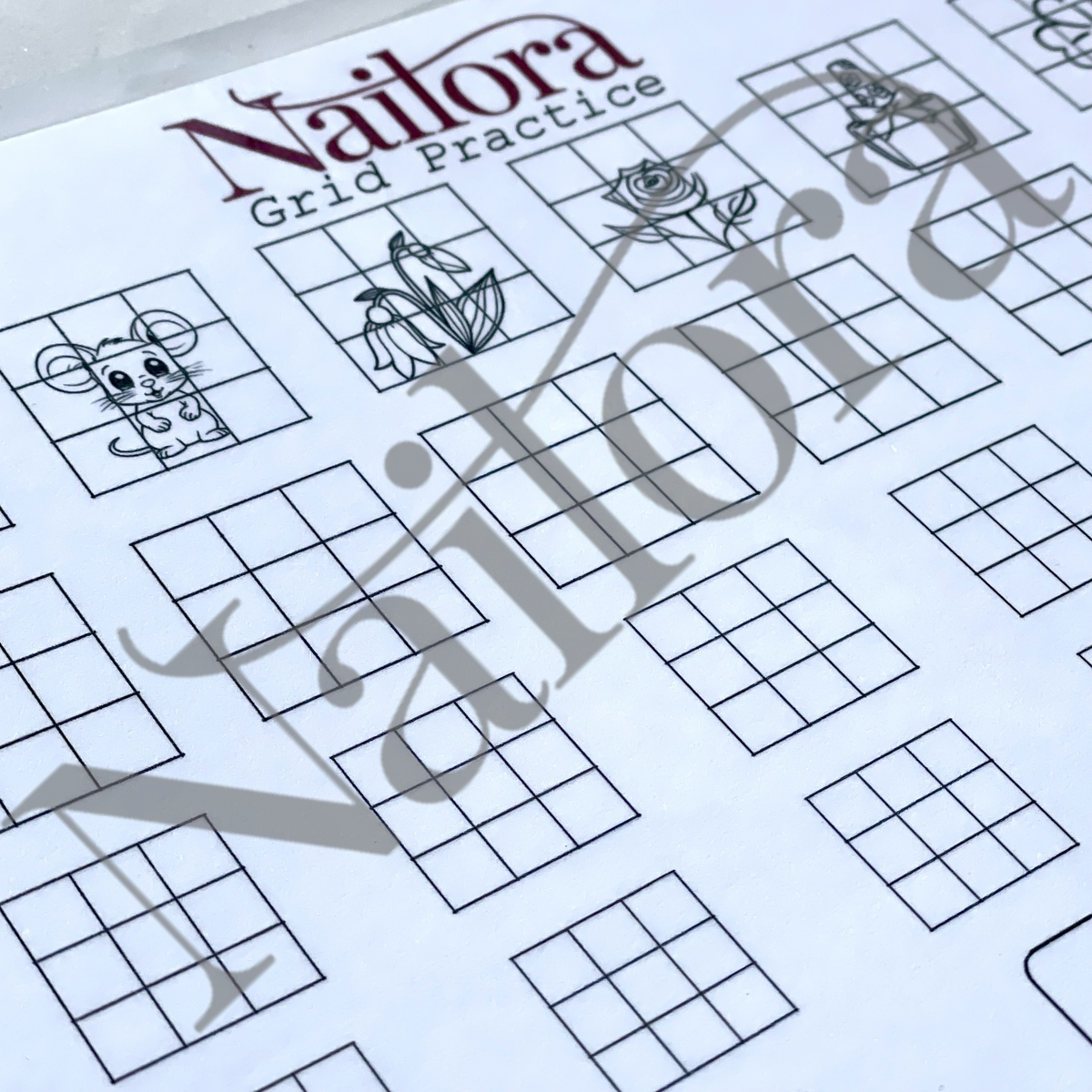 A close-up of a Nailora Grid Practice sheet featuring black line-art illustrations of a mouse, a bird, and a rose inside grid boxes on a white page, with a large translucent Nailora watermark across the center. digital adownload