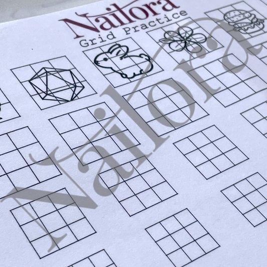 A close-up of a Nailora  nail art 
Grid Practice sheet featuring black grid patterns and simple line drawings on white paper, with a large translucent Nailora watermark across the page.