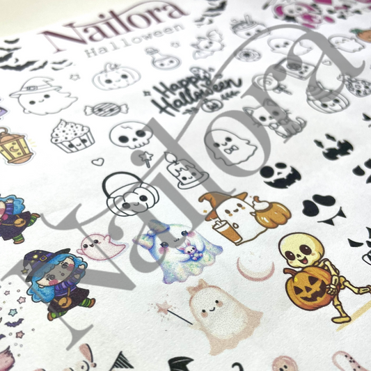 A close-up of a nail art sticker making 
 sheet featuring various cute Halloween-themed illustrations, including ghosts, pumpkins, skeletons, and a wizard character. The sheet has a white background with black outlines and colorful accents, and a large translucent 'Nailora' watermark is overlaid across the image.