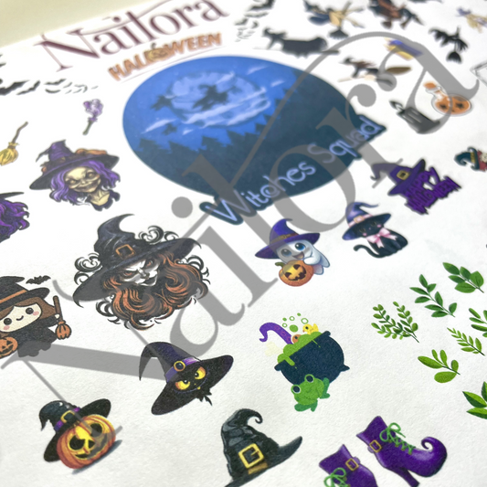 A close-up of a Nailora Halloween Witches DIY sticker sheet featuring various cute Halloween illustrations including a witch, cauldron, pumpkins, boots, and a blue moon graphic on a white background.