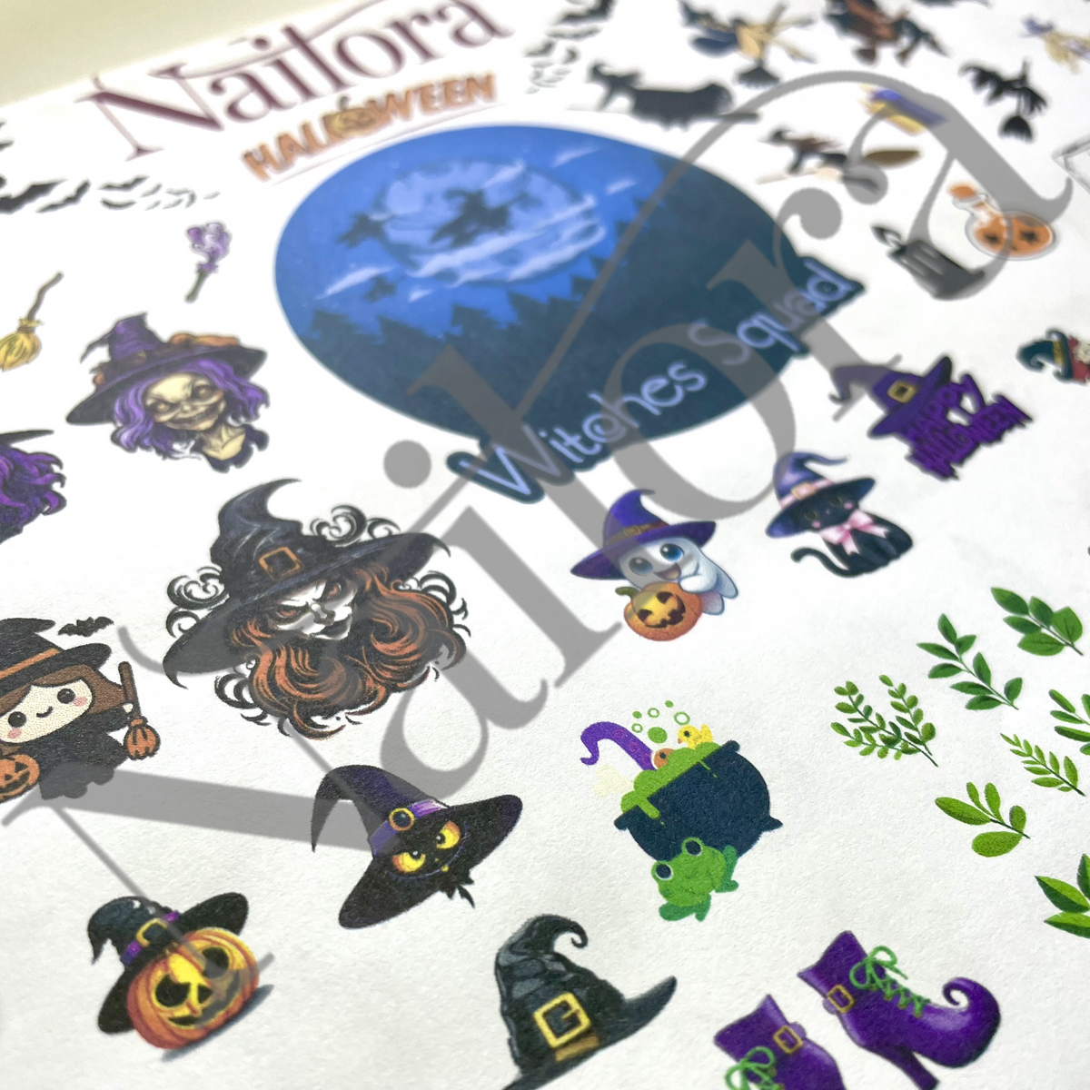 DIY nail art sheets with cute witches, make your own nail decals/sticker using these sheets, simply trace around the design using gels/paint topcoat and peel