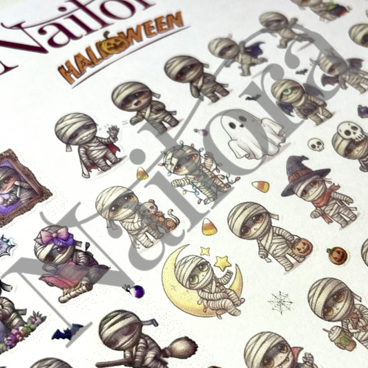 A sheet of cute Halloween-themed designs featuring chibi-style mummies, ghosts, a witch, a pumpkin, candy corn, and a crescent moon on a white background, with a large diagonal watermark reading 'Nailor' across the image.to make yur own nail decal/stickers