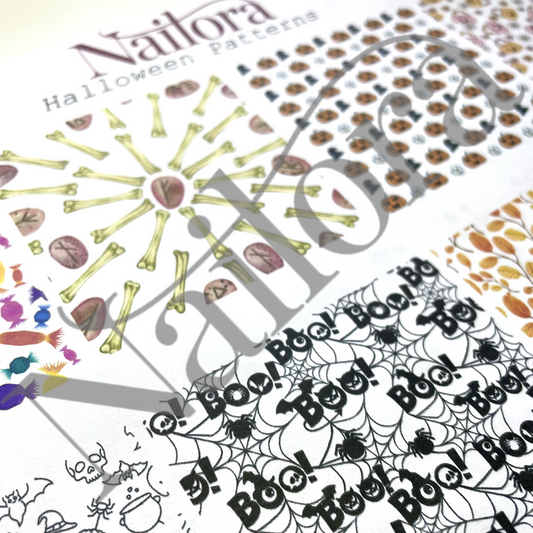 A close-up of a Nailora Halloween Patterns sheet showing various printed designs, including spiderwebs, bats, candy corn, and spooky text, with a large translucent Nailora watermark overlay. DIY nail decals or practice sheet
