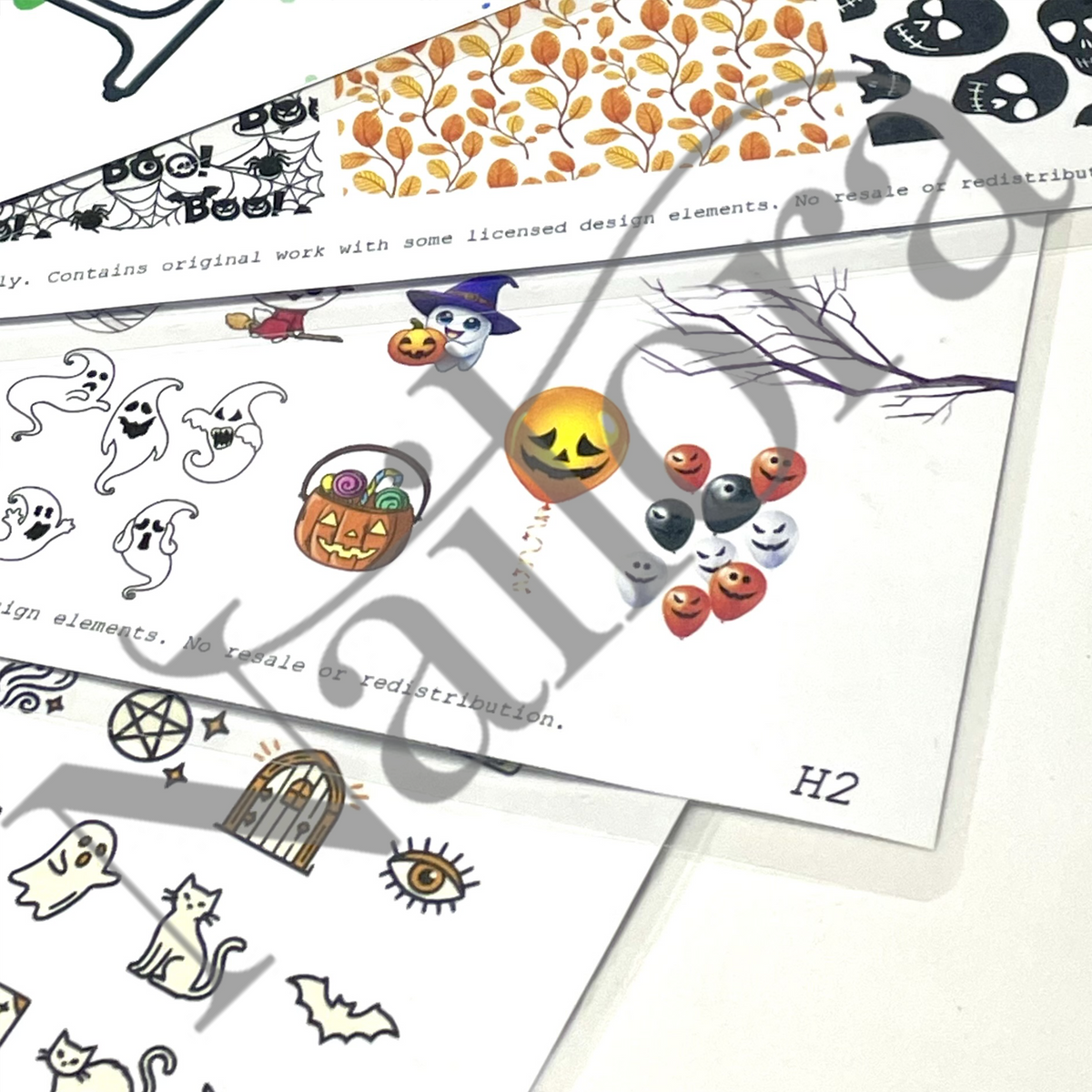 A close-up of printed Halloween-themed sticker or decal sheets with illustrated ghosts, pumpkins, bats, spiderwebs, and a jack-o'-lantern face. The sheets are arranged on a white background, with a large diagonal watermark across the image by Nailora. Digital download
