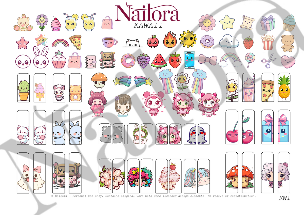 A sheet of DIY nail stickers featuring cute kawaii illustrations, including pastel characters, desserts, flowers, and accessories. The sheet is branded with 'Nailora Kawaii' at the top and has a watermark overlay.