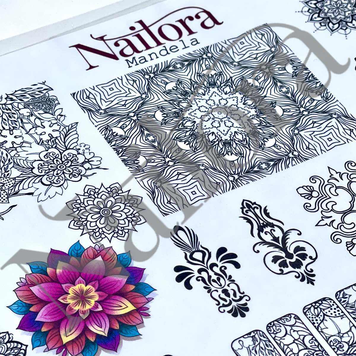 A traceable nail art sheet featuring intricate black mandala and floral line-art designs, with a prominent multicolor lotus flower design in pink, purple, blue, and yellow, under the brand name Nailora Mandela.