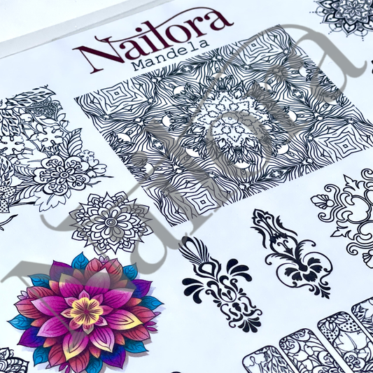 A traceable nail art sheet featuring intricate black mandala and floral line-art designs, with a prominent multicolor lotus flower design in pink, purple, blue, and yellow, under the brand name Nailora Mandela.