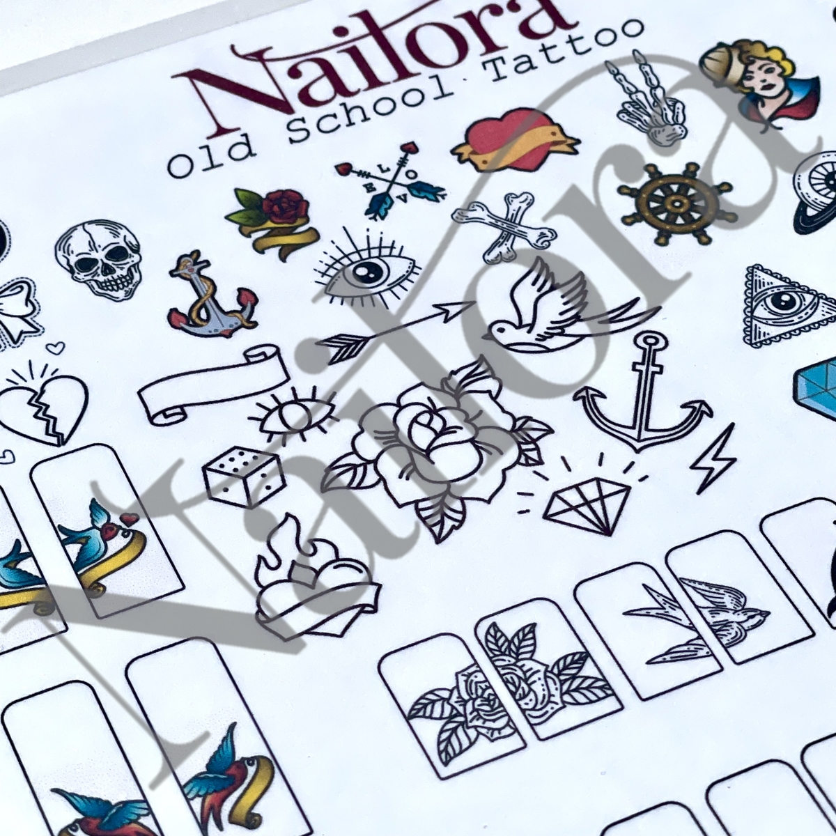 A close-up of a Nailora 'Old School Tattoo' sheet featuring various black and white traditional tattoo flash designs, including skulls, anchors, roses, and geometric symbols, with a translucent diagonal watermark overlay.