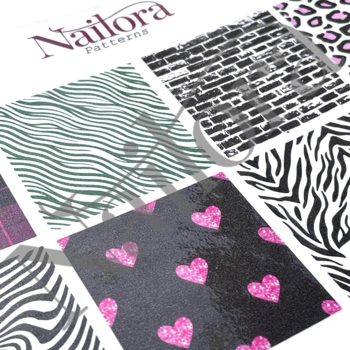 A sheet of nail art designs by Nailora, simply trace to make your own nail art decals, this design is pattern inspired 