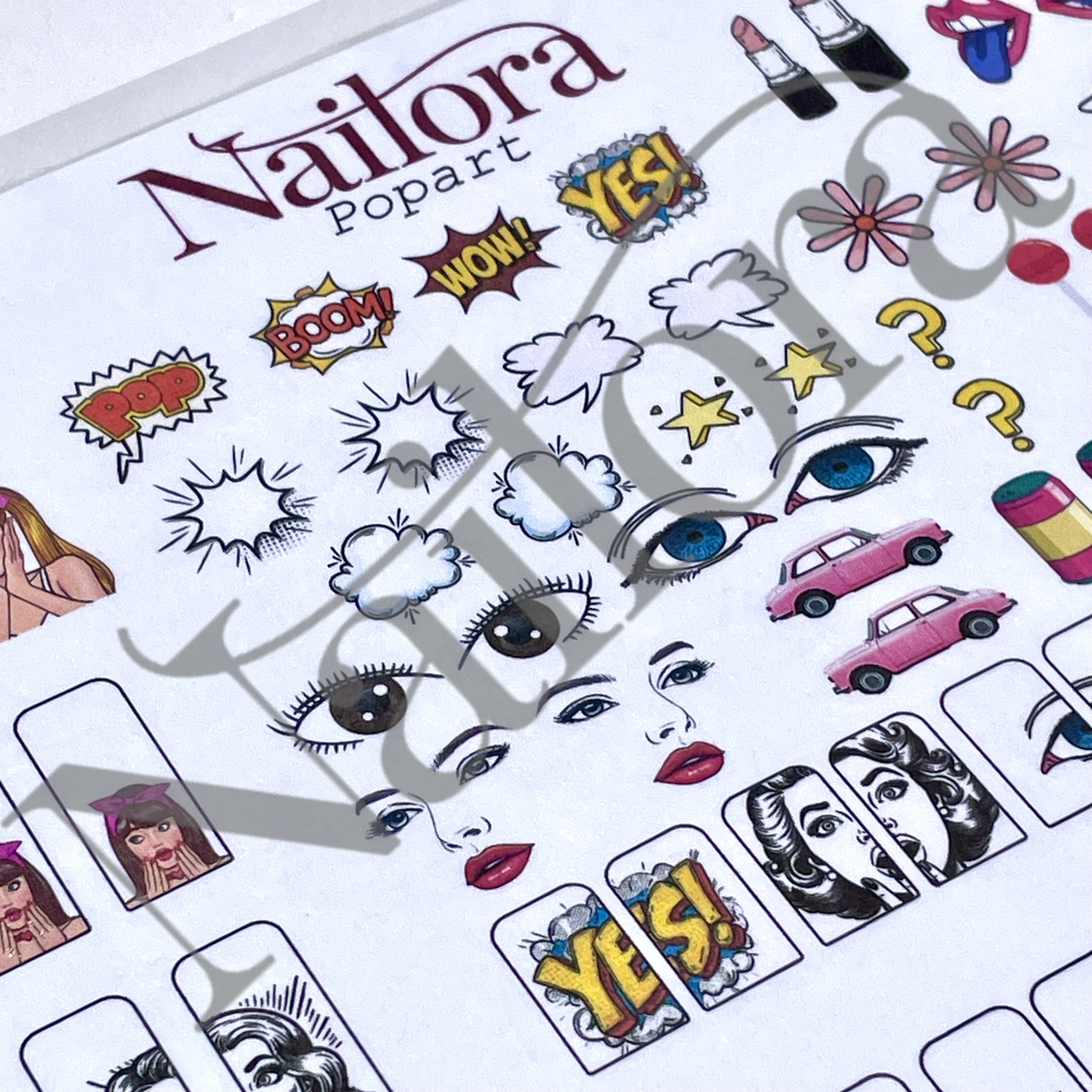 A close-up of a Nailora Popart traceable  nail art  sheet featuring various pop-art designs including eyes, lips, cars, stars, clouds, and comic-style text bubbles on a white background.