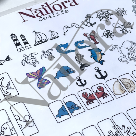 A close-up of a nail art traceable sheet featuring various nautical and sea life designs, including dolphins, a lobster, a turtle, a crab, a lighthouse, anchors, a ship's wheel, a nautilus shell, and a seahorse. The sheet has a white background with black outlines and several colorful illustrations in blue, purple, and red.