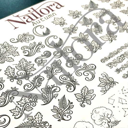 Nailora Autumn nail art sheet featuring intricate black line-art illustrations of leaves, ferns, acorns, and scrollwork on a white background, with a translucent diagonal watermark overlay.