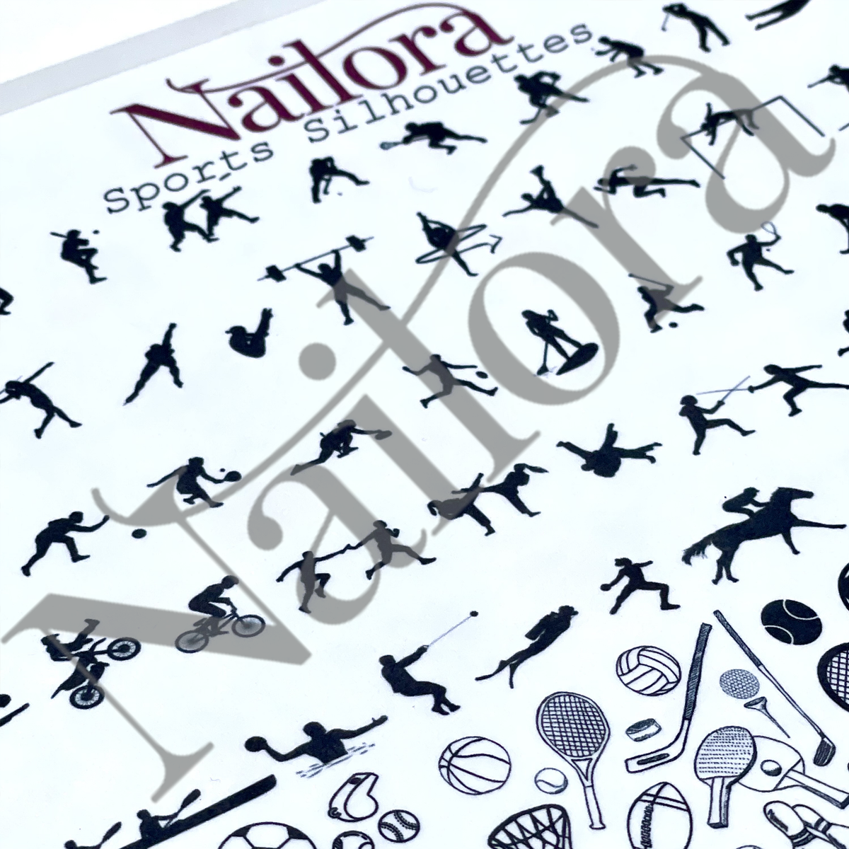 A close-up of a Nailora Sports Silhouettes sheet featuring black athletic figures and sports equipment icons on a white background, with a large diagonal Nailora watermark overlay.