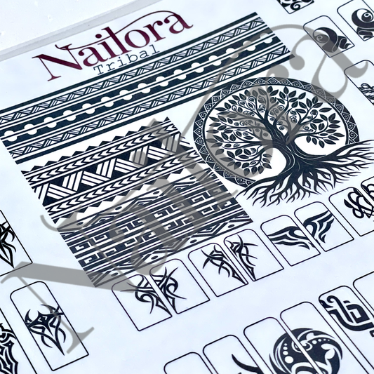 A close-up of a Nailora Tribal  traceable nail art  sheet featuring black tribal patterns, geometric bands, a tree of life motif, and small symbol blocks on a white background.