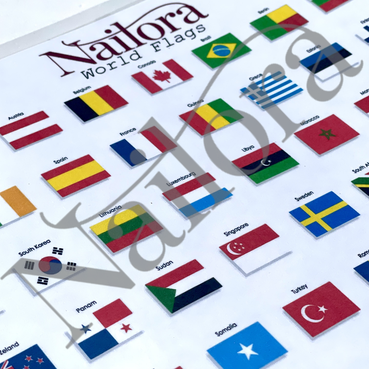 A sheet of nail art designs by Nailora, simply trace to make your own nail art decals, this design is flag  inspired 