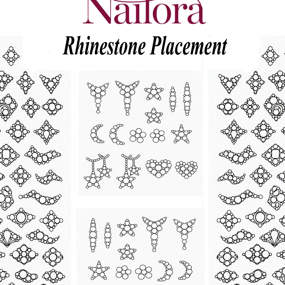 rhinestone placement sheet, never have to decide where to put your stones on a nail, this is simple and easy to produce beautiful clusters on your nails, nailora has you covered